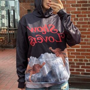 Black Hoodie Sweatshirt with Red Graphic and Cloud Print